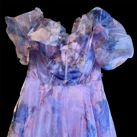 Amelia Couture Off Shoulder Lilac Floral Print Formal Gown NWT Size 2 - Picture 5 of 7